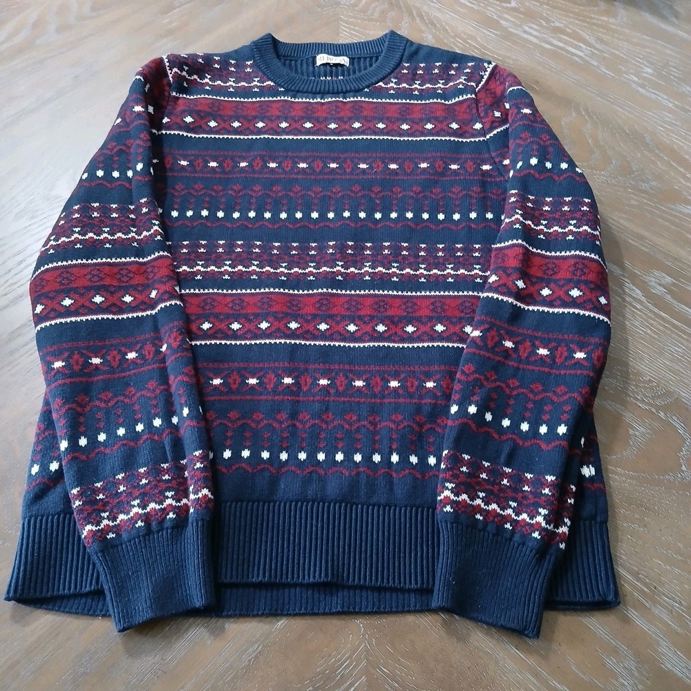 Merona Fair Isle Sweater Lady Sz S Cotton Wool Blend Pullover Red White Navy‎